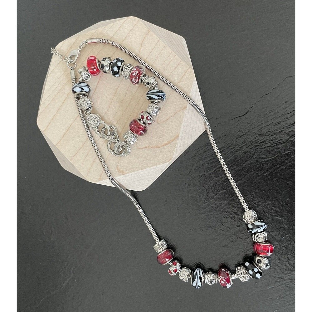 Slider Necklace Bracelet Red Black White Silvertone Jewelry For Women